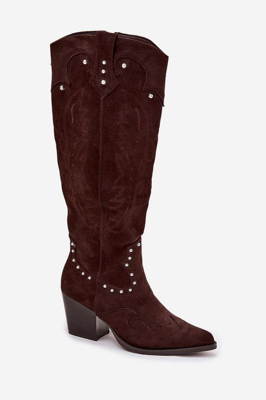 Luxurious Women's Cowboy-Style Heel Boots in eco-suede by Step in Style, highlighting the pointed toe and fashionable western embellishments, perfect for stylish and sophisticated looks.