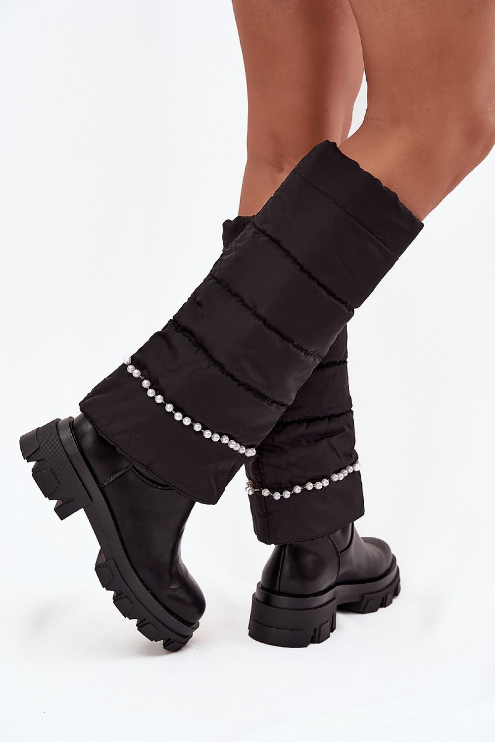 Luxurious stylish women's thigh-high boots made from eco leather and textile by Step in Style, featuring a rounded toe design and embellished with subtle beads, perfect for elegant winter looks.