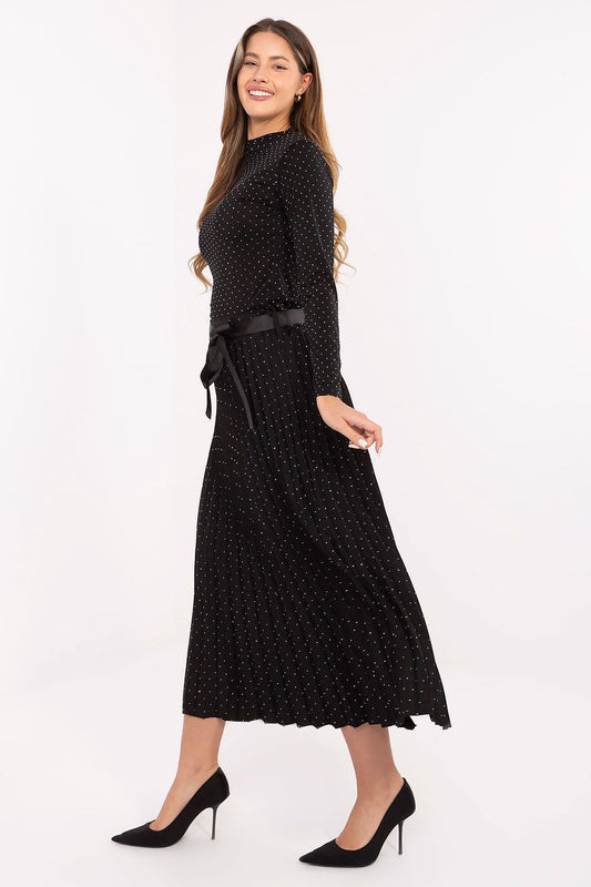 Close-up detail of Rue Paris pleated midi skirt, highlighting the shimmering rhinestones and quality fabric for a sophisticated look.