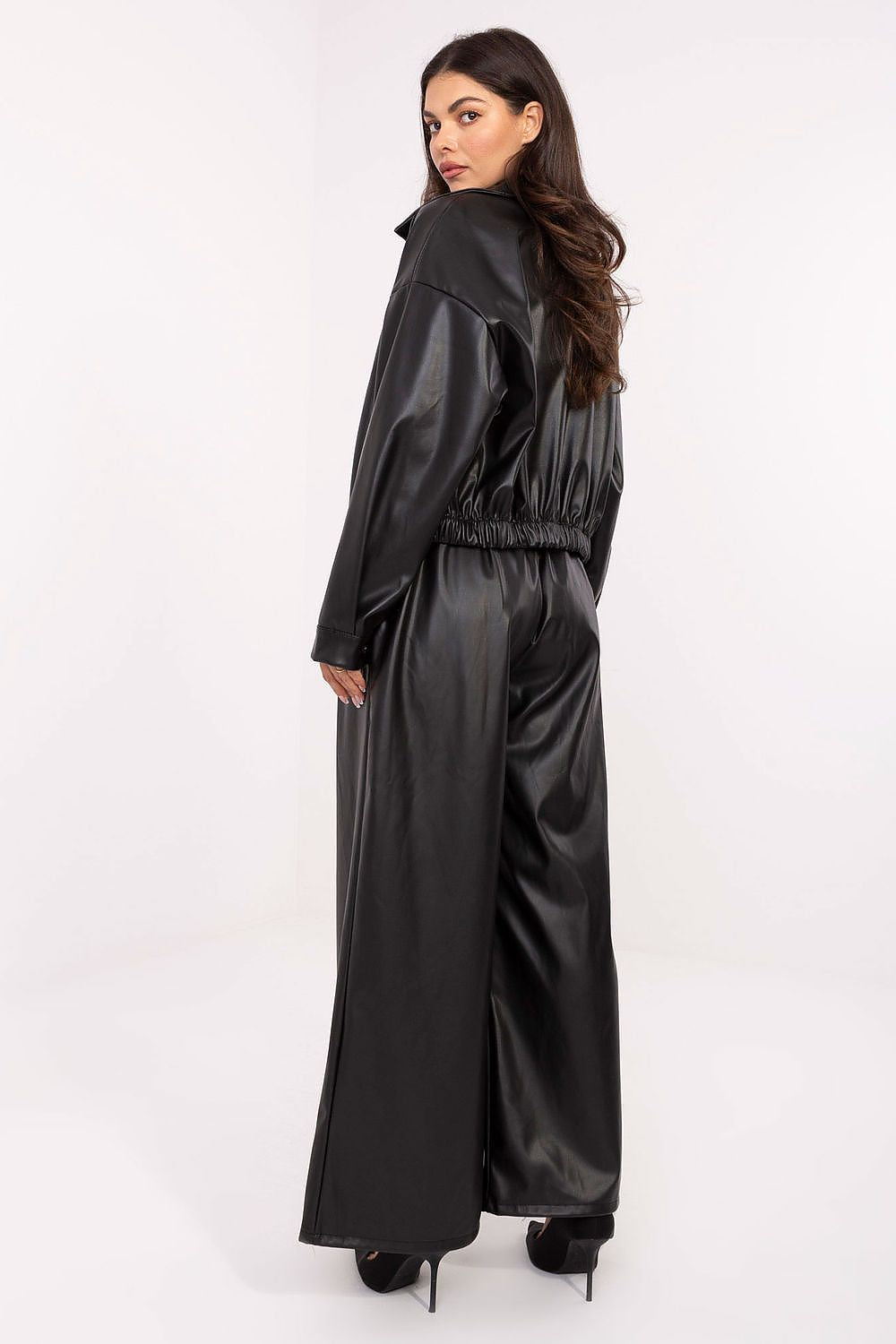 Elegant high-waisted eco-leather palazzo trousers for women by Rue Paris, featuring a contemporary design, wide legs, and an elastic waist for comfort, perfect for casual or office wear.