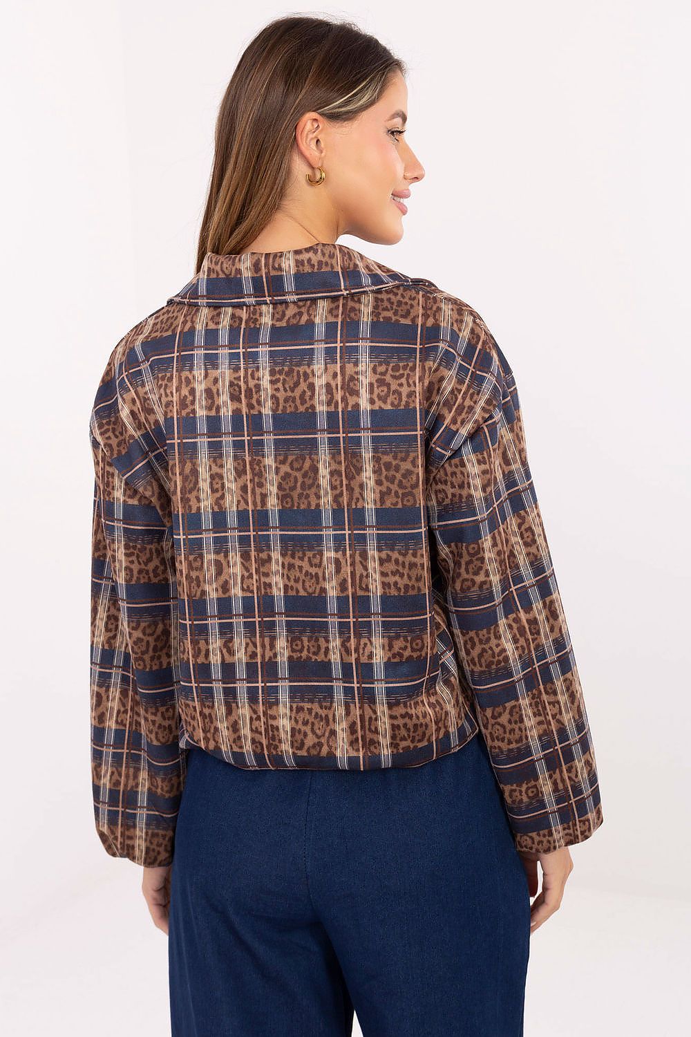 High-quality Rue Paris women's jacket in EU 0 size, combining comfort and style with a unique animal print and checkered design for a refined look.