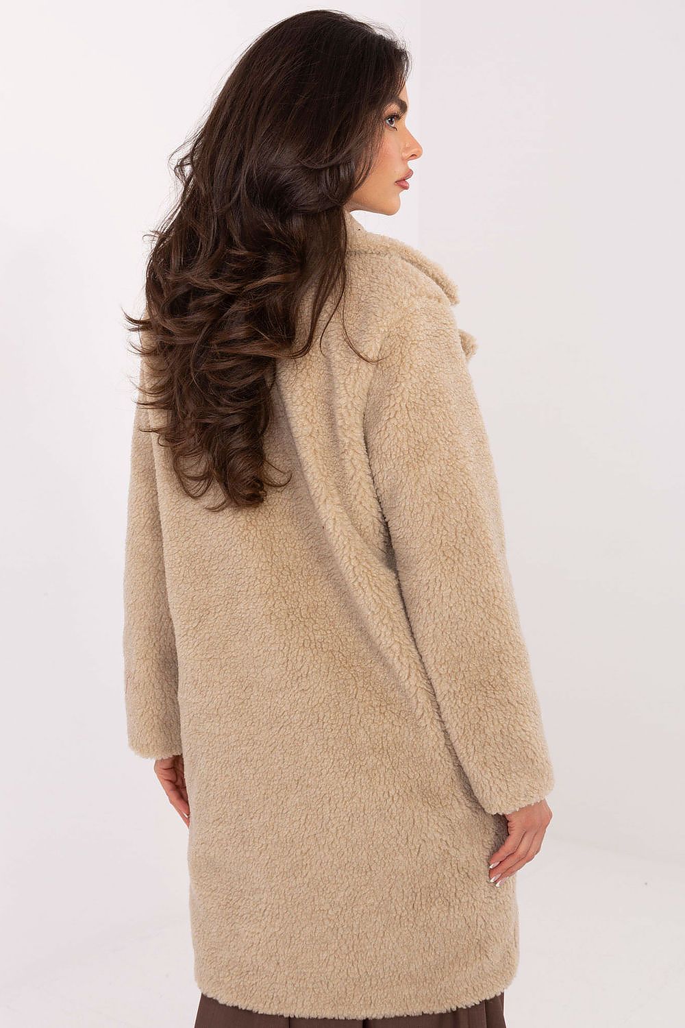 Elegant women's knee-length coat made from artificial lamb, crafted by Factory Price, featuring a stylish lapel collar and soft polyester finish, perfect for autumn and winter wear.