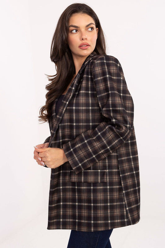 Fashionable long-sleeve checked blazer for women by Italy Moda, featuring a modern silhouette and luxurious comfort, perfect for elevating everyday style.
