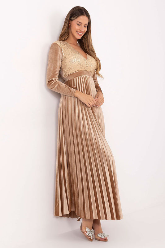Elegant long maxi dress by Italy Moda, featuring a stunning wrap neckline, long sleeves, and sequined embellishments, designed for formal occasions and parties.