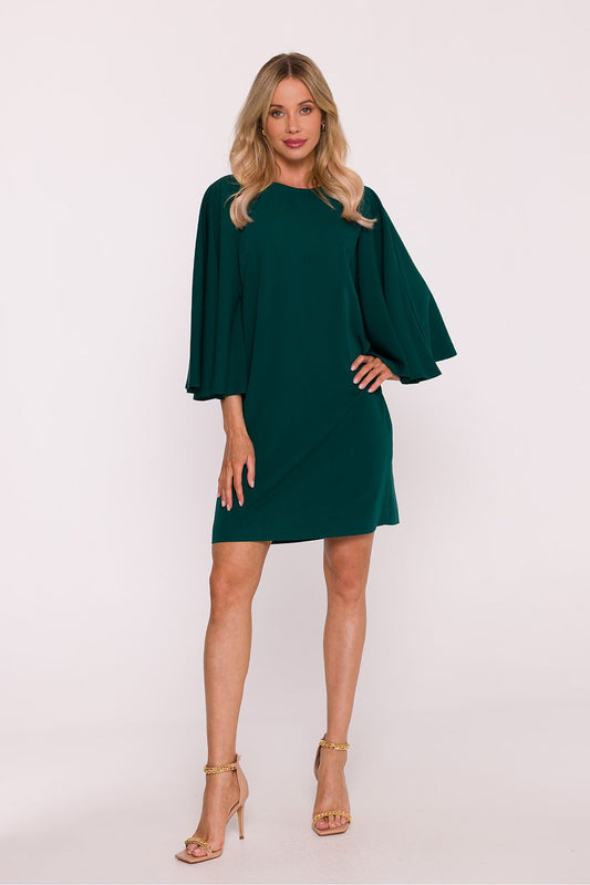 Stylish mini dress by Stylove, featuring wide bat sleeves and a feminine round neckline, crafted from luxurious, smooth fabric.