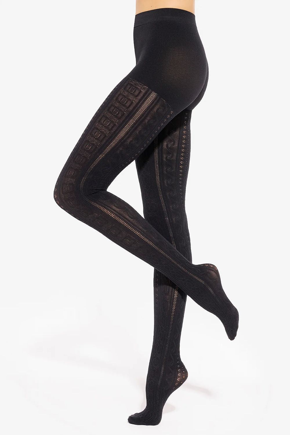 Close-up of Gatta Fabiane 07 black tights showcasing the intricate braided pattern, perfect for adding a touch of luxury to any ensemble.