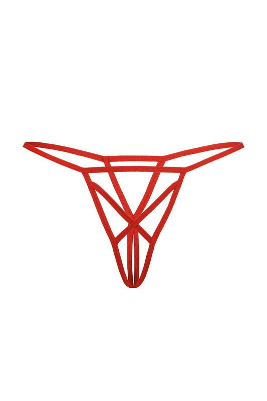 Sensual red thong from the Teyli collection, crafted with high-quality nylon and spandex, highlighting the beauty of the female silhouette with a contemporary style.