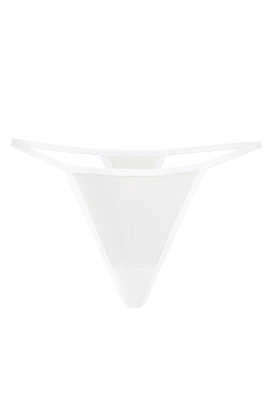 Close-up view of Teyli Women's sexy white thongs, featuring a unique thin elastic strap and a simple triangle back design, perfect for adding luxury to intimate wear.