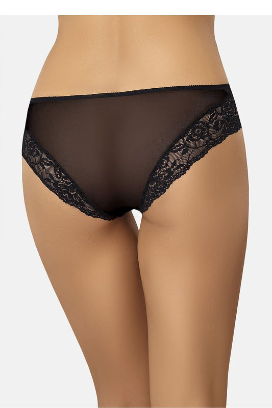 Close-up of Teyli's Classic Black Mesh Panties featuring intricate floral lace and a delicate transparent mesh finish.