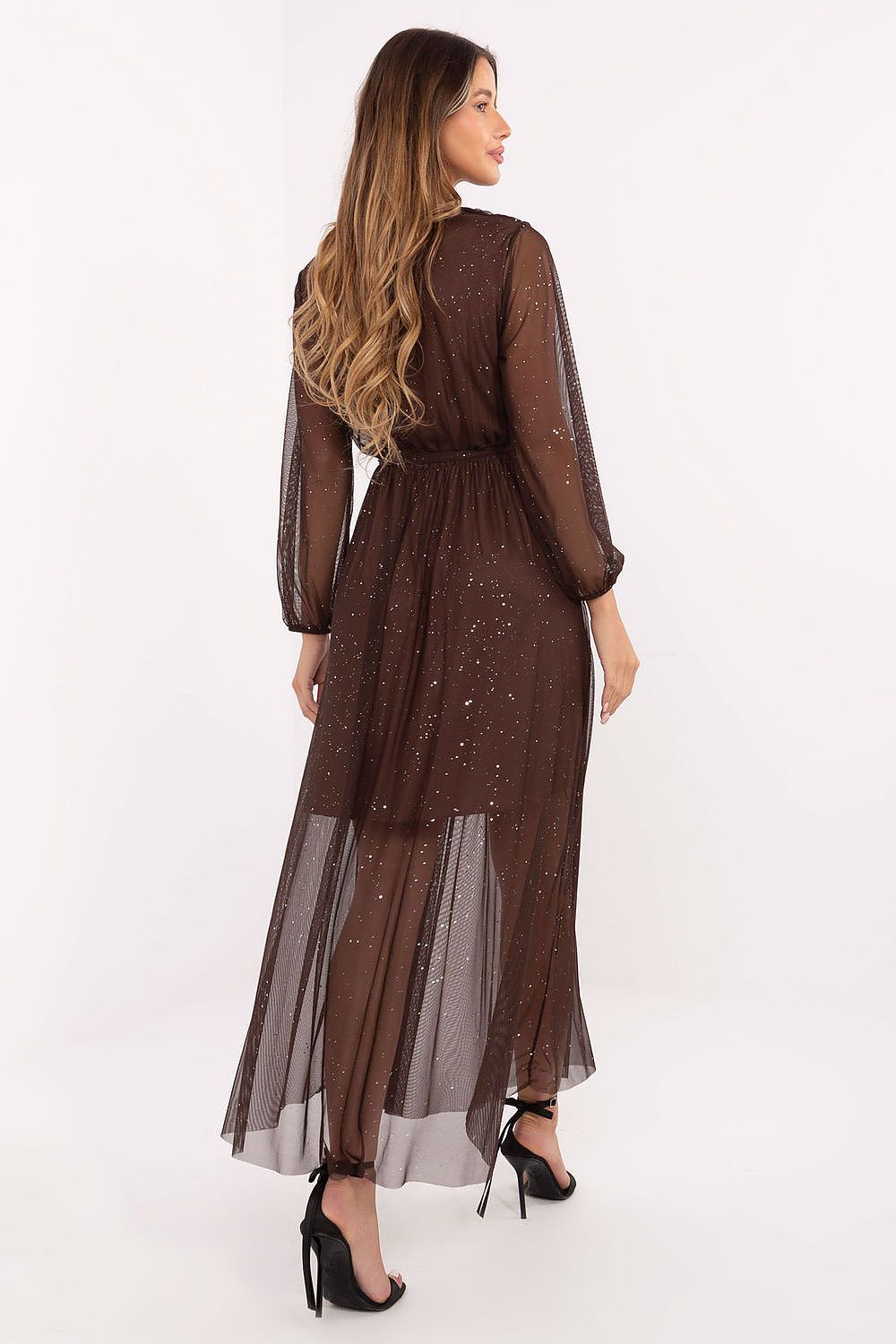 Model wearing the Italy Moda elegant maxi dress, showcasing its long sleeves and flowing design, ideal for evening outings.