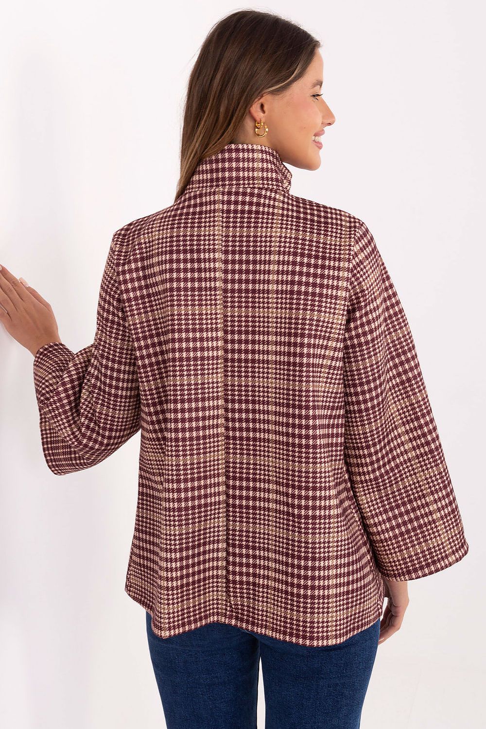 Elegant Women's Checked Coat by Italy Moda, made from lightweight polyester, featuring a classic design with a stand-up collar and large buttons, perfect for sophisticated daily wear.