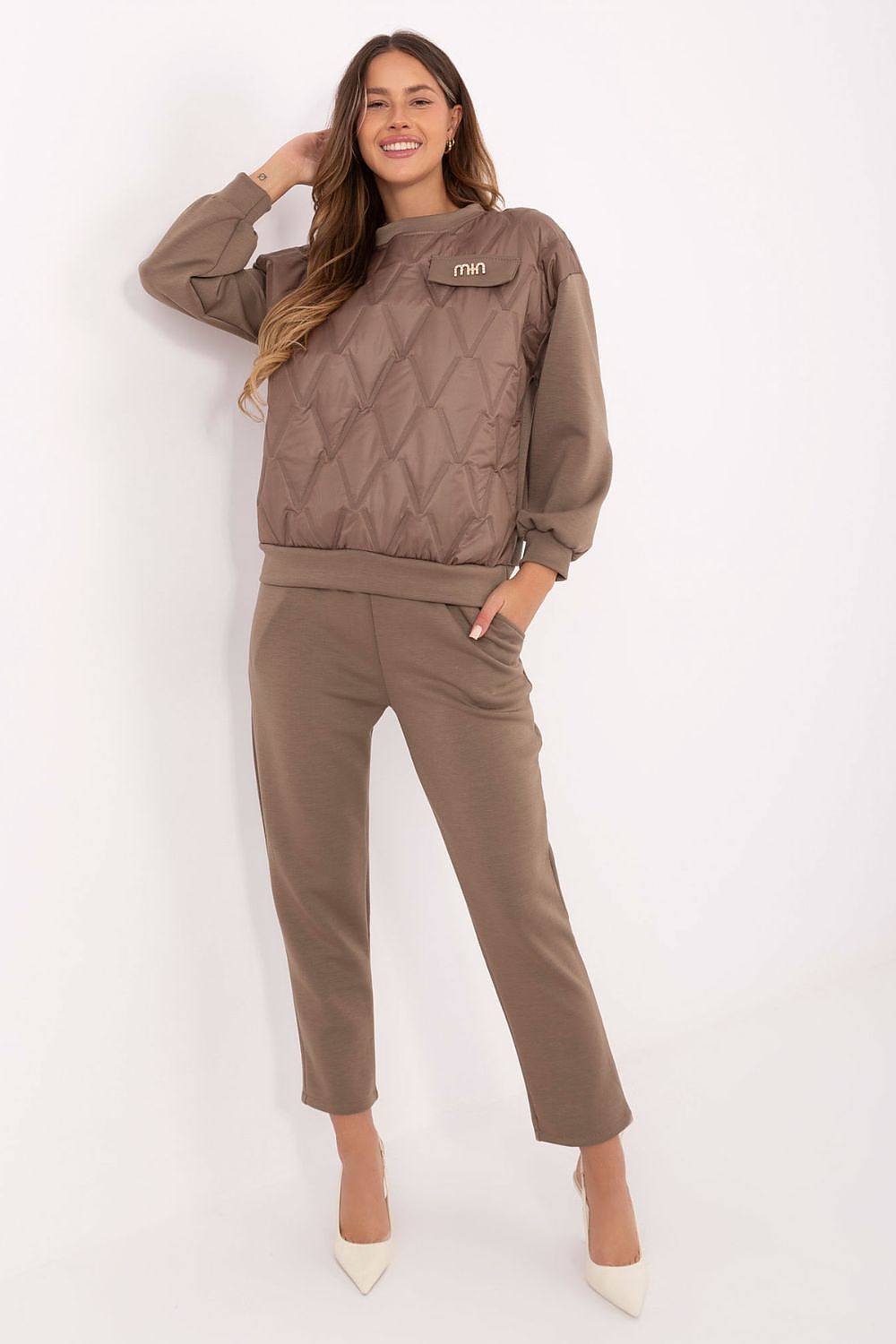 Stylish and comfortable luxury women's blouse and high-waisted pants set by Italy Moda, perfect for everyday wear with feminine accents.