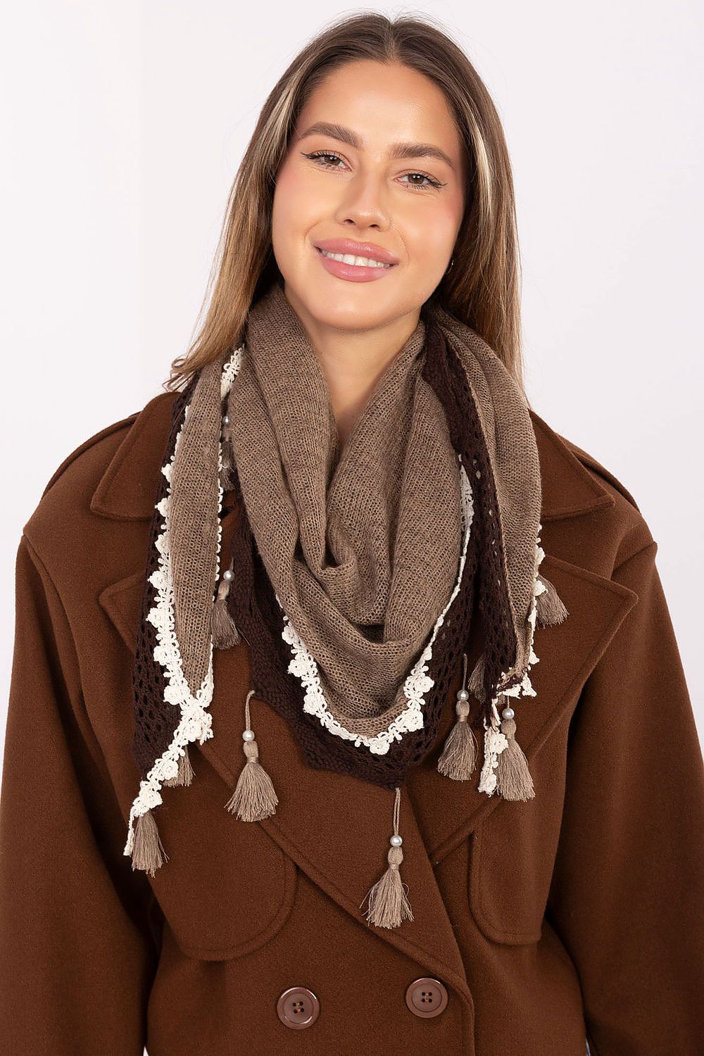 Model wearing an elegant AT triangular neckerchief, demonstrating its versatility for both casual and formal wear, accentuated by pearl fringes.