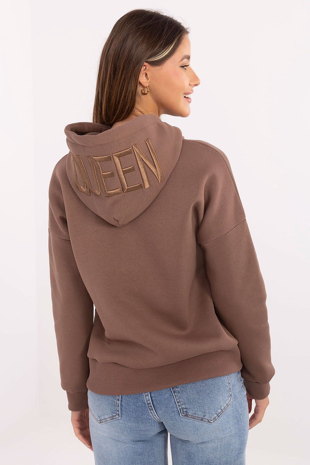 Model wearing Relevance Luxury Women's Hoodie Sweatshirt in EU Size 0, displaying a comfortable fit and elegant casual design, perfect for everyday wear.