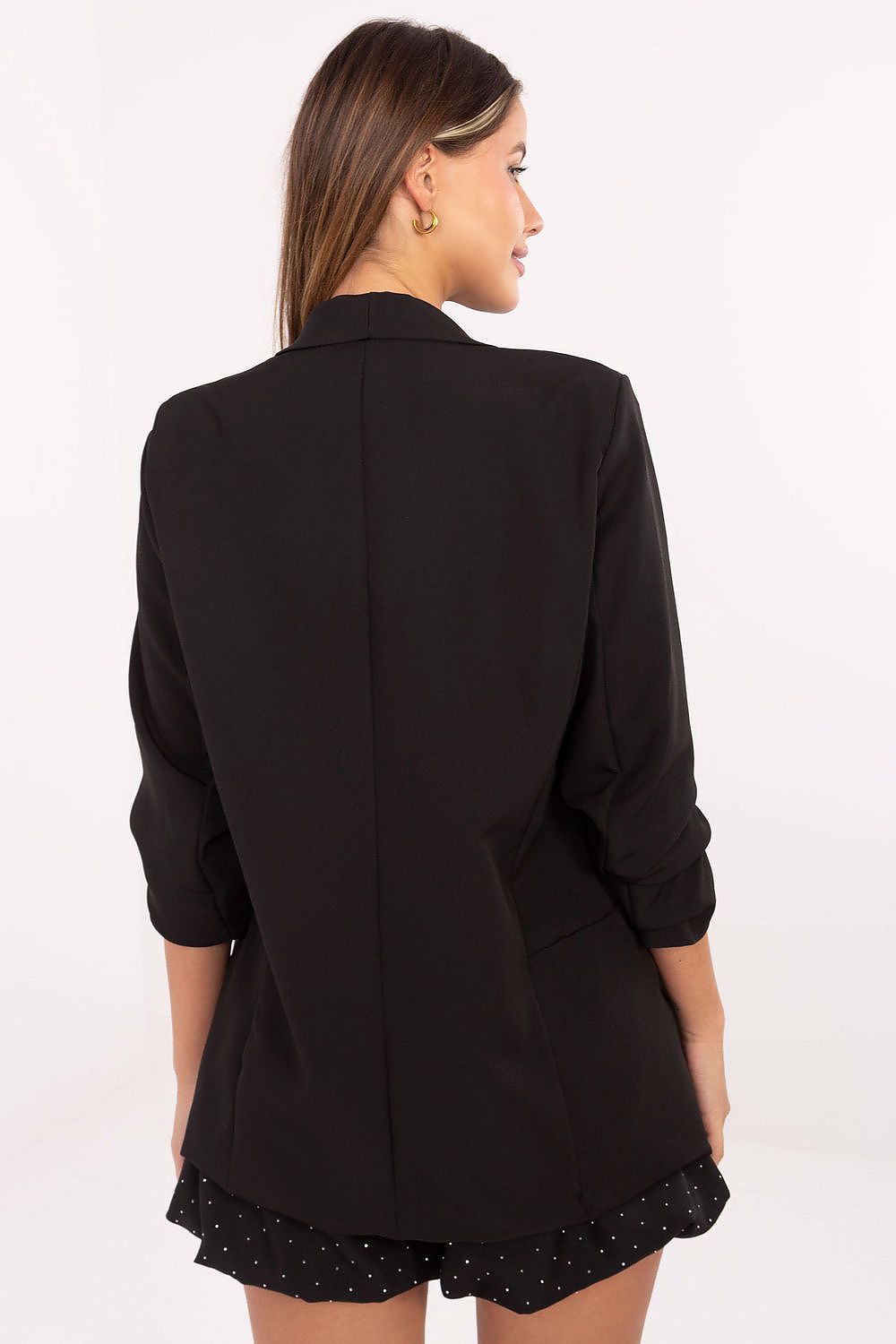 Stylish Rue Paris women's blazer with 3/4 sleeves, crafted from a blend of polyester and elastane, ideal for versatile office wear and sophisticated occasions.