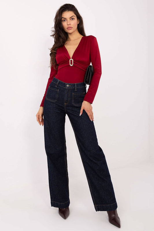 Sophisticated Rue Paris bodysuit showcasing metal decoration and long sleeves, perfect for formal occasions and evening outings.