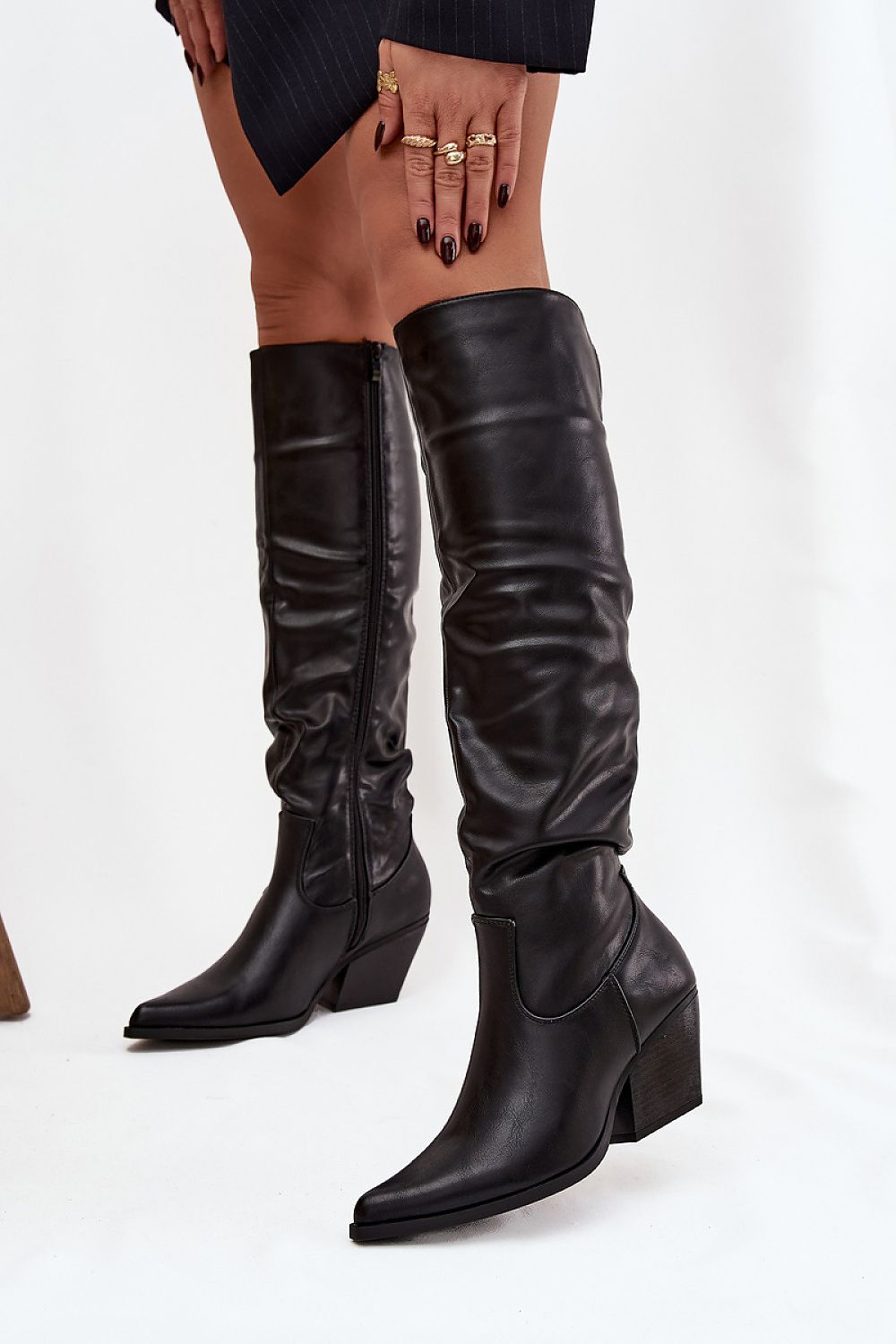 Elegant Women's Thigh-High Cowgirl Boots in Eco Leather by Step in Style, featuring pointed toes and stylish ruching, perfect for an upscale western look.