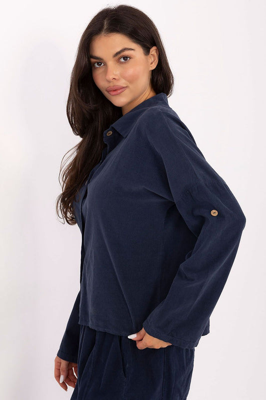 Close-up view of Italy Moda luxury women's shirt featuring soft polyester corduroy texture and refined long sleeve design, perfect for upscale everyday wear.