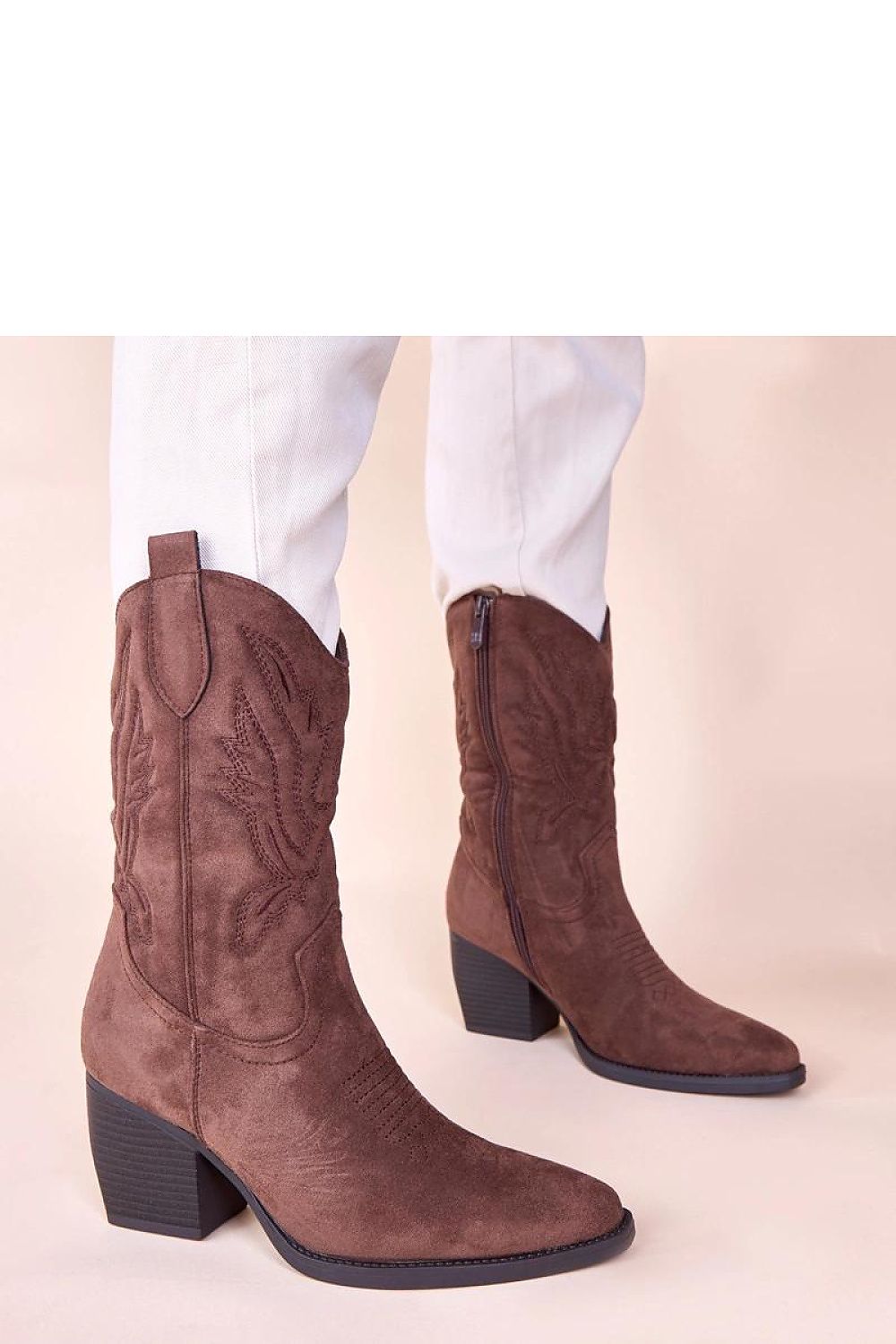 Elegant brown cowboy stiletto boots with intricate decorative embroidery from Gemre, showcasing luxury footwear design. These stylish boots feature a 20 cm upper height and an 8 cm heel, crafted from high-quality imitation leather suede, perfect for adding western charm to any outfit.