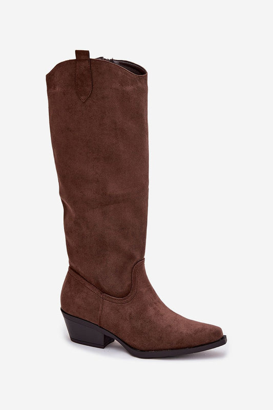 Elegant faux suede cowboy boots for women, showcasing a cut heel and almond toes by Step in Style, versatile for dresses, skirts, and skinny pants.