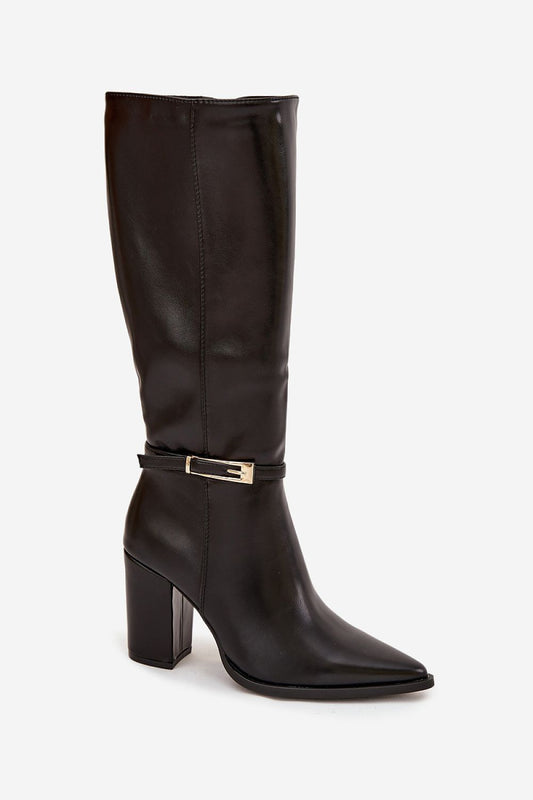 Close-up view of Step in Style's Elegant Eco Leather Heel Boots featuring a gold buckle detail, designed for fashionable women for both casual and formal occasions.