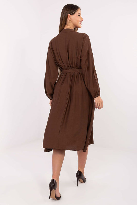 Close-up view of the intricate details on the Elegant Midi Shirt Dress in Viscose by Italy Moda, showcasing the delicate ruffles and stylish button closure.