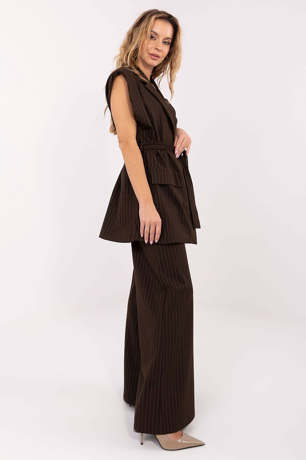 Elegant Striped Women's Gilet Vest with Tie Belt from Rue Paris, showcasing a chic and sophisticated design perfect for workwear, featuring structured shoulder pads and premium materials.