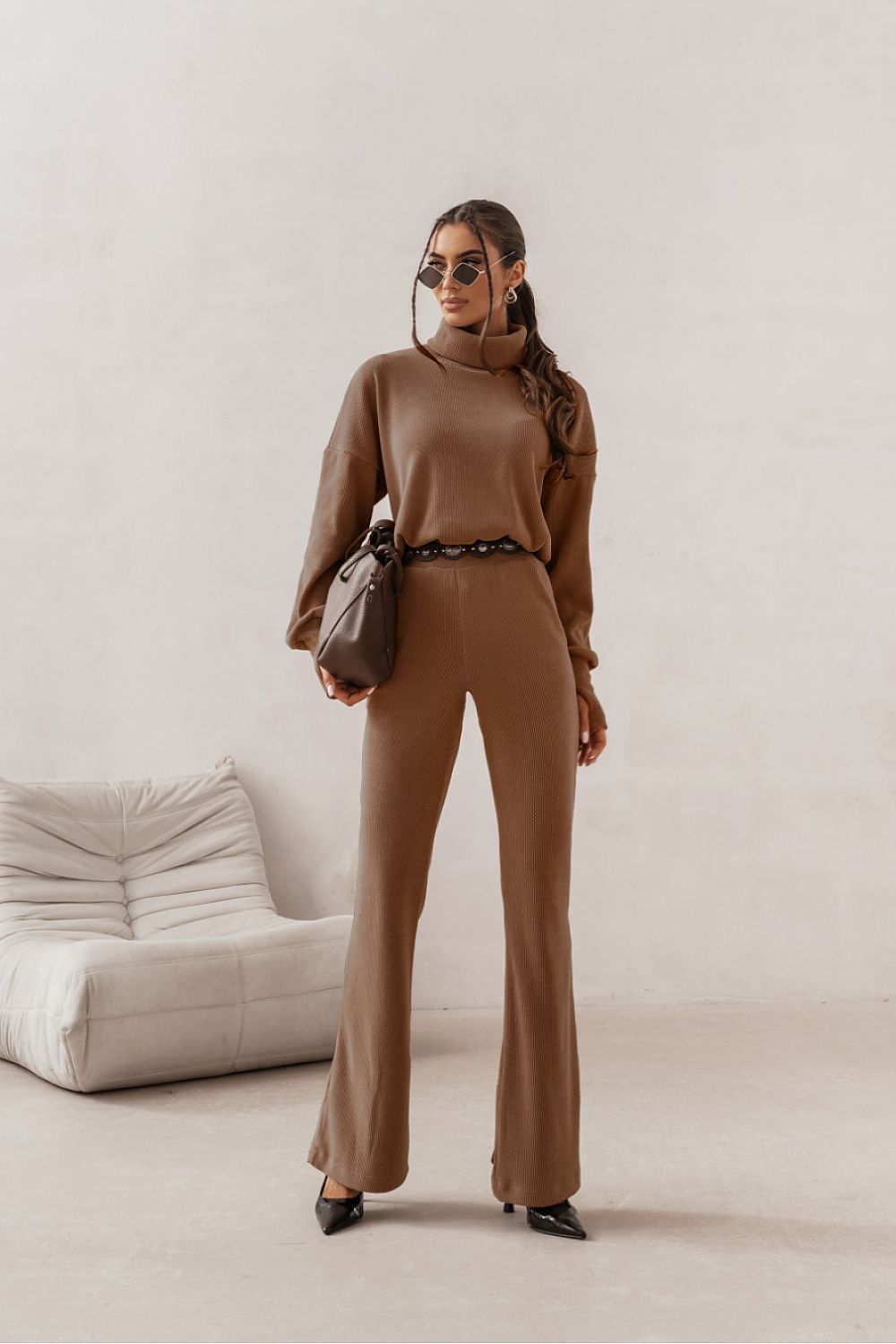 LaBalancia Priah Dark Beige Blouse and Trousers Set, an elegant ensemble showcasing sophisticated style and luxurious comfort, perfect for any occasion.