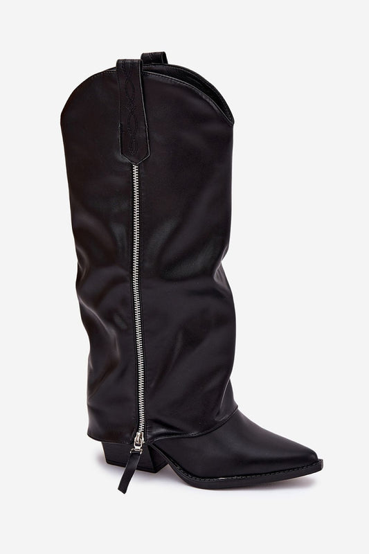 Close-up of the elegant eco-leather cowboy boots by Step in Style, featuring a striking pointed toe and insulated interior for comfort during colder months.