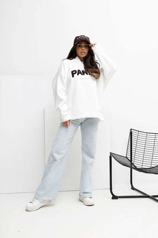Premium cotton blend Comfortable Women's Hoodie Sweatshirt by Rue Paris showcasing chic embroidered inscriptions for a unique flair.
