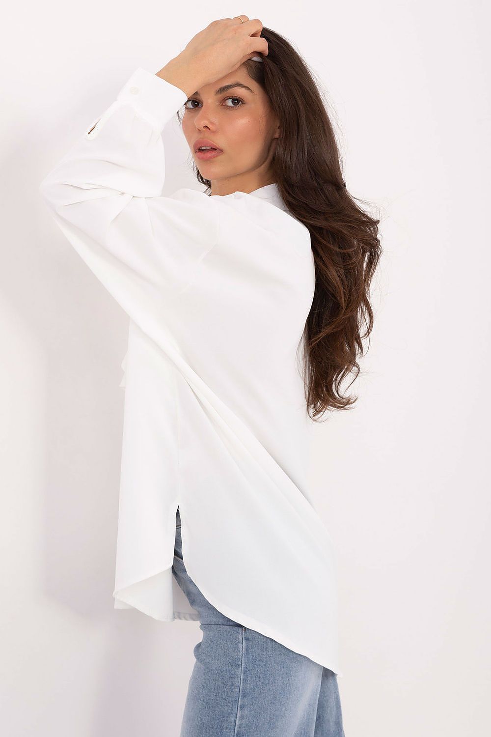 Stylish close-up of the puff sleeves and wide decorative collar of an Elegant Long-Line Polyester Blouse by Factory Price, embodying feminine elegance and modern design.