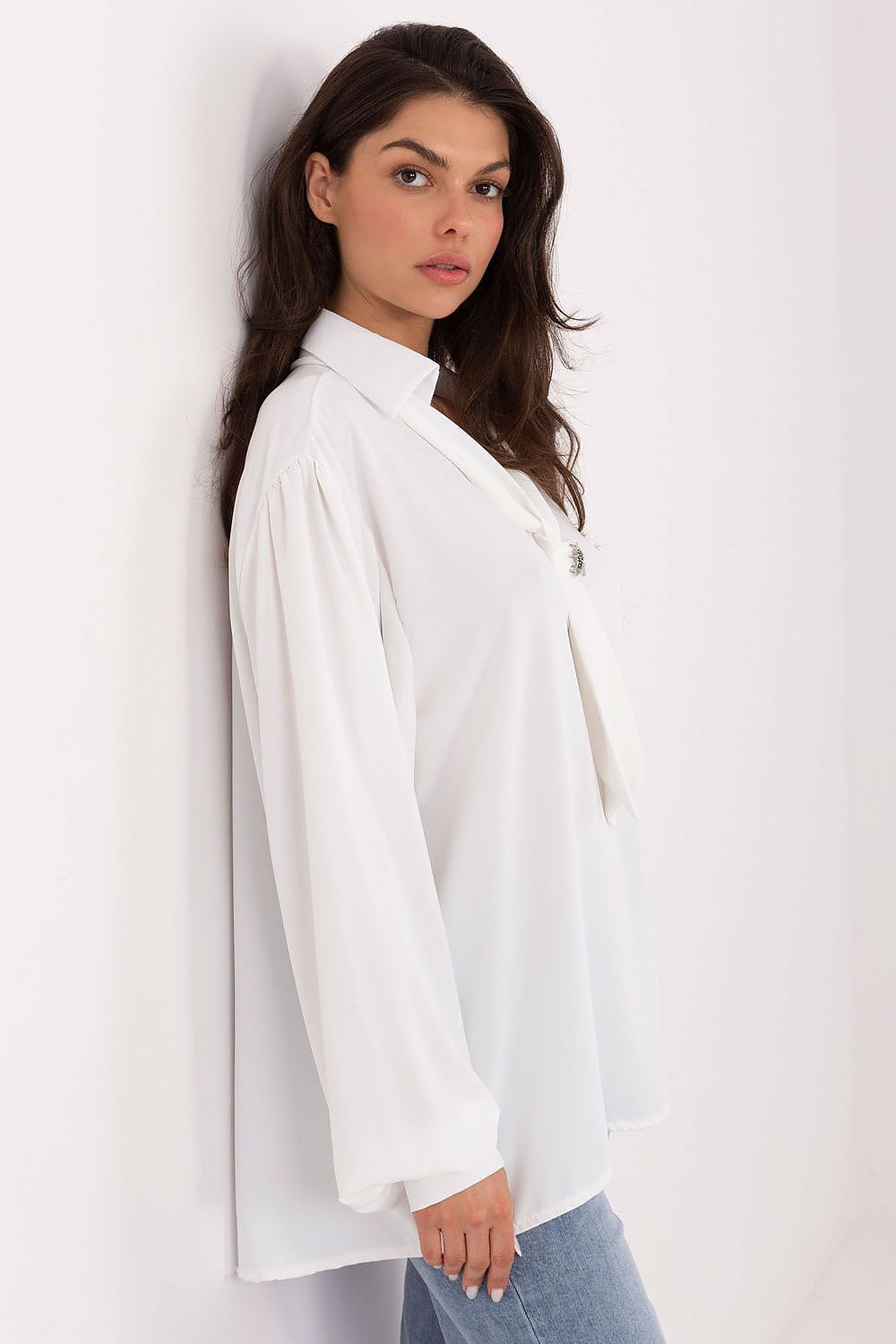 Elegant V-Neck Blouse with Detachable Brooch by Factory Price, showcasing trendy puff sleeves and crafted from lightweight polyester, perfect for stylish everyday wear.