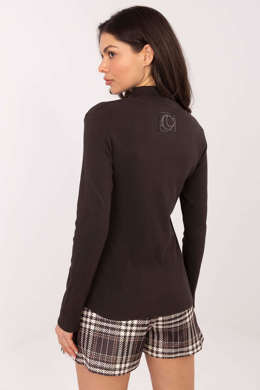 Back view of the Elegant Casual Long Sleeve Turtleneck Blouse in Cotton-Spandex by Factory Price, featuring a unique patch and elegant fit for refined style.