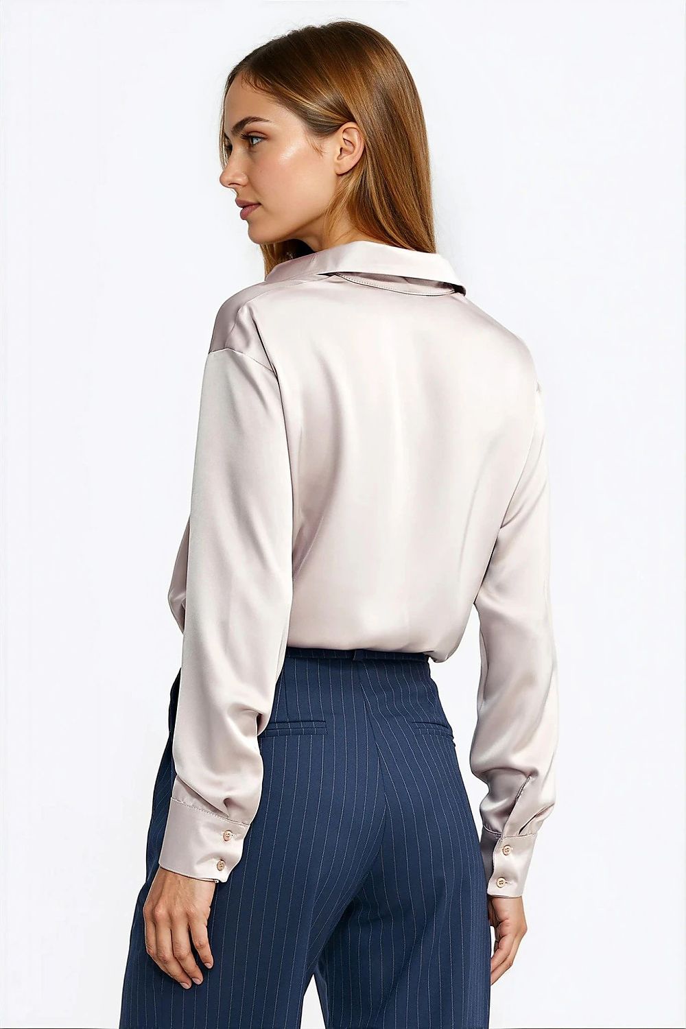 Nife Elegant Satin Effect Shapewear Body featuring long sleeves and classic collar, designed for comfort and sophistication.