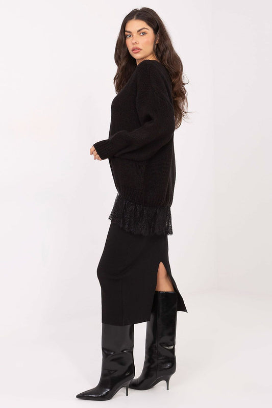 Elegant women's V-neck sweater in soft acrylic-mohair blend with lace detail, from Factory Price, ideal for sophisticated everyday wear.