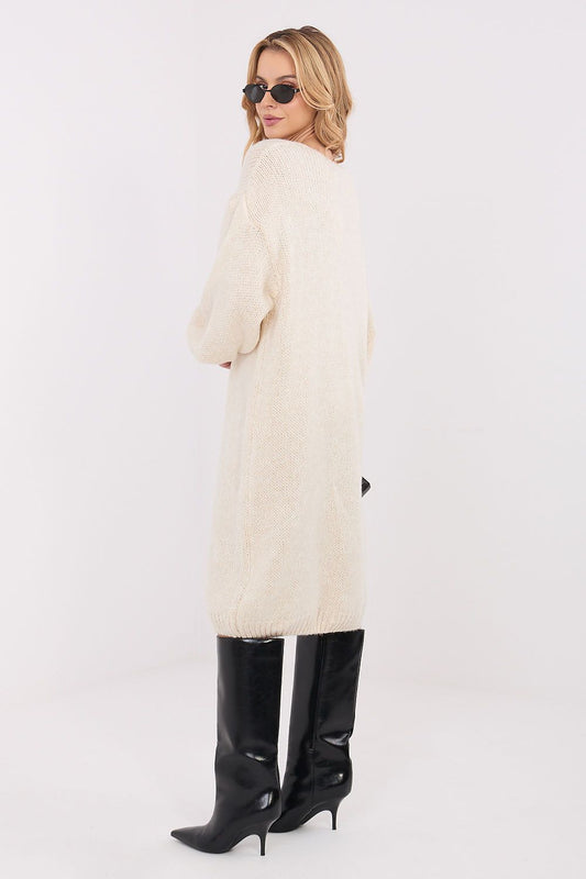 Factory Price Oversized Knit Midi Sweater Dress, highlighting its feminine V-neck design and comfortable long sleeves, perfect for sophisticated casual outings.