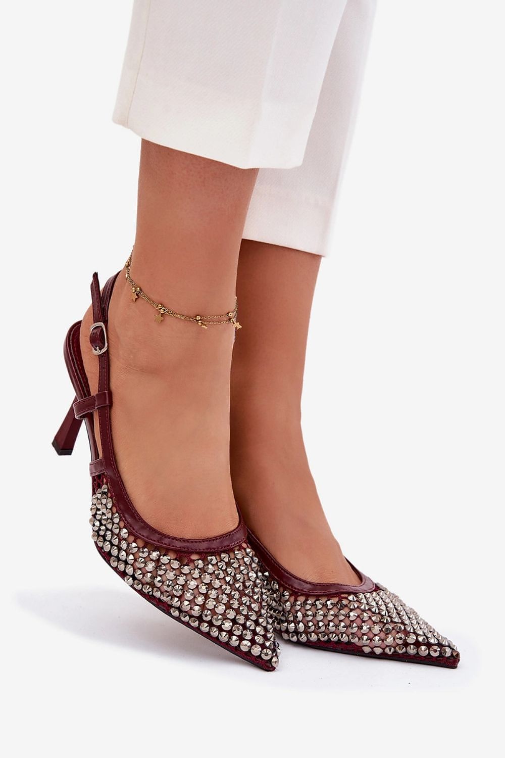 Elegant women's open back high heels designed by Step in Style, featuring decorative studs and an 8.5 cm heel, perfect for striking evening wear. Available in sizes EU 36-41.