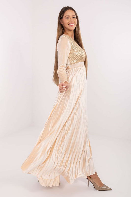 Elegant long maxi dress by Italy Moda featuring a flared pleated bottom, sequins, and a luxurious wrap neckline, perfect for special occasions.