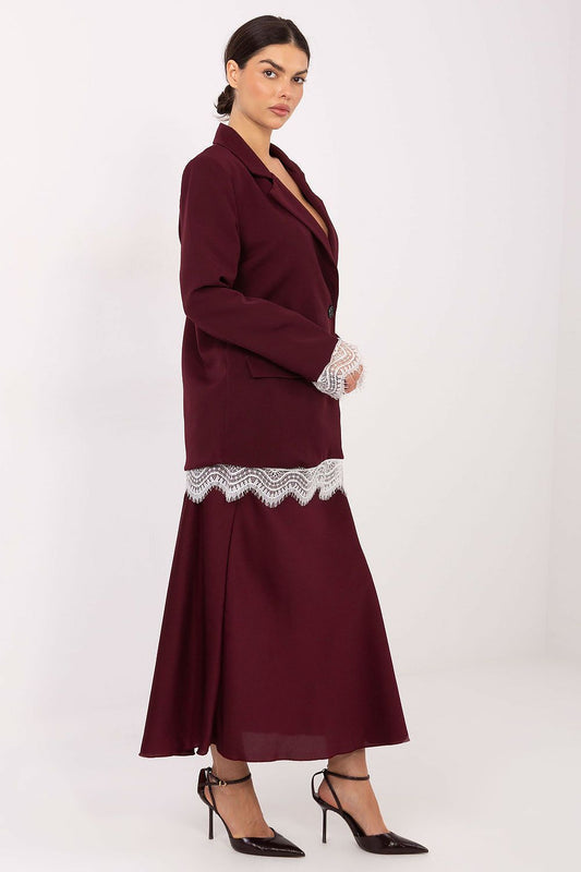 Stylish women's blazer featuring decorative lace sleeves and bottom, designed by Italy Moda for a sophisticated and graceful look.