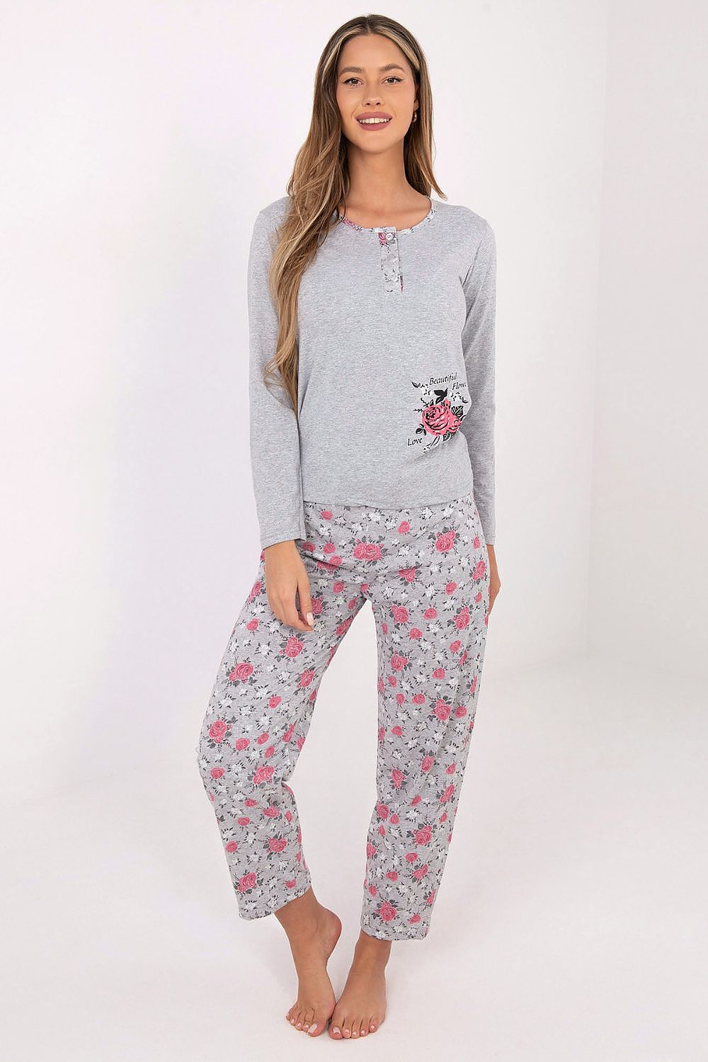 Comfortable cotton sleepwear from Forever Pink, showcasing stylish long pants with a dominant floral pattern, ideal for women seeking elegance and comfort.