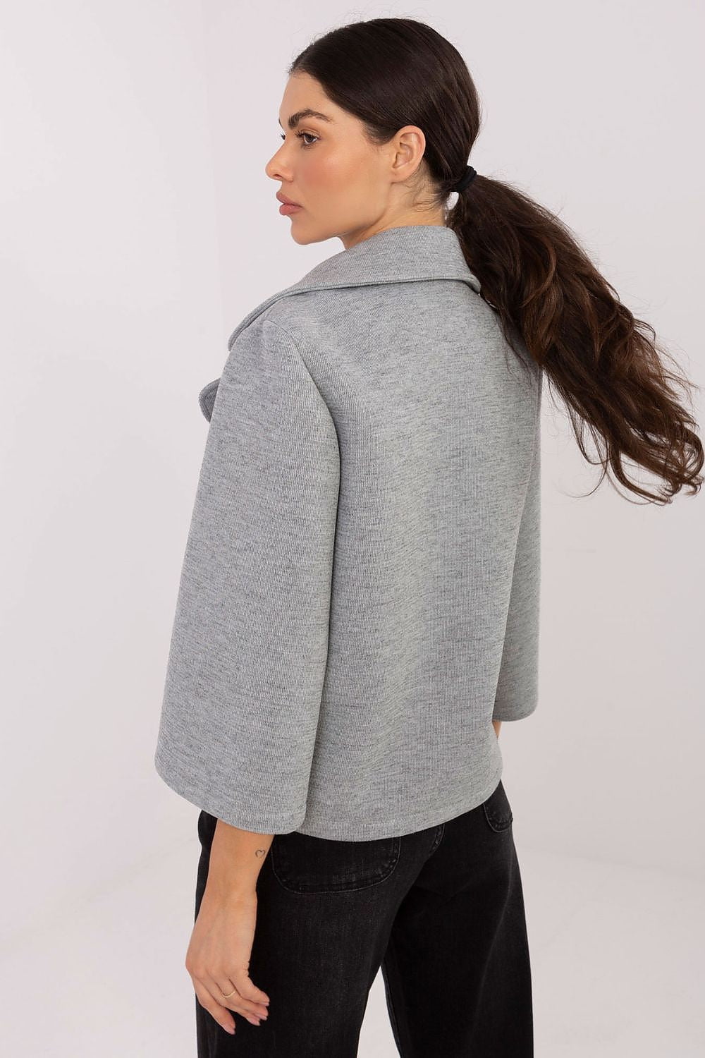 Elegant 3/4 sleeve women's coat by Rue Paris featuring stylish lapels and a decorative brooch, perfect for autumn and winter occasions. Available in EU sizes 0-6, crafted from a luxurious blend of polyester, viscose, and elastane.