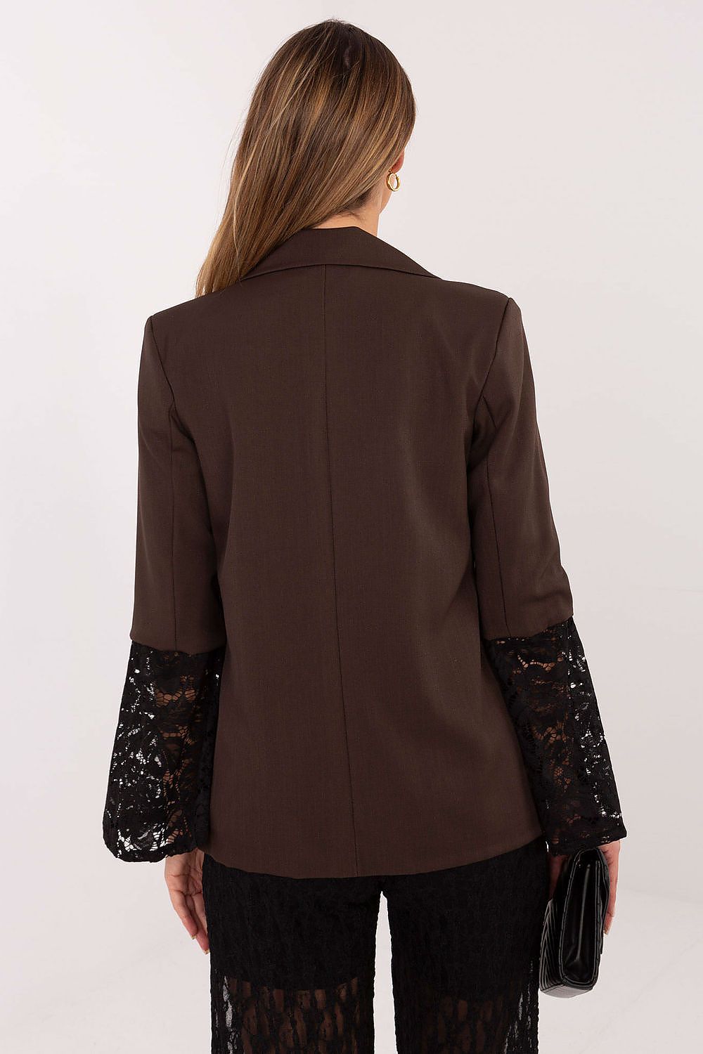 Elegant women's blazer with lace sleeves by Italy Moda, crafted from high-quality polyester and spandex blend, perfect for formal and evening occasions.