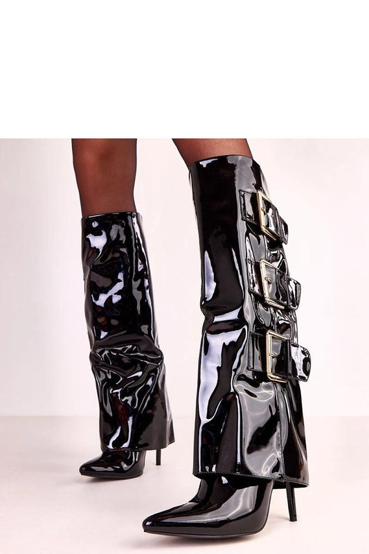Elegant black patent leather heeled boots by Solea with a turned-down shaft, showcasing modern style and sophistication.