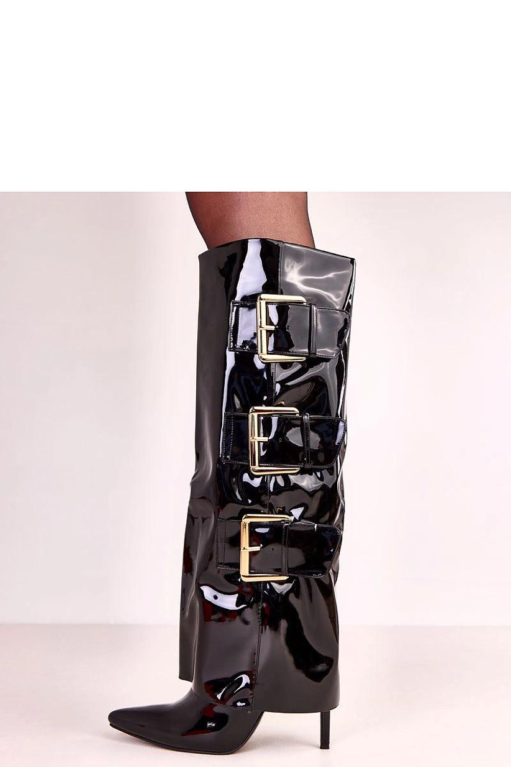 Stylish black patent leather heeled boots by Solea displayed with elegance, perfect for both everyday wear and special occasions.