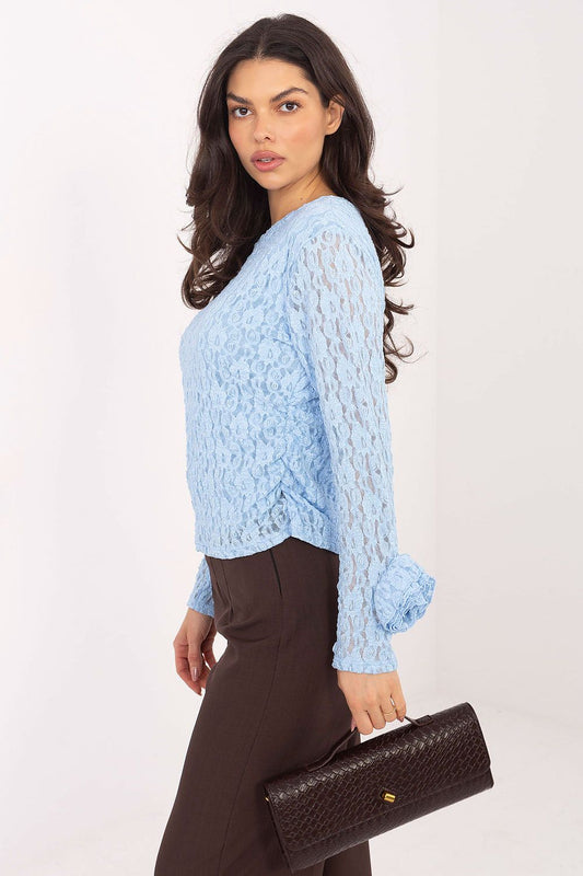 Elegant lace blouse by Italy Moda, showcasing intricate floral detail and fitted design, perfect for formal occasions.