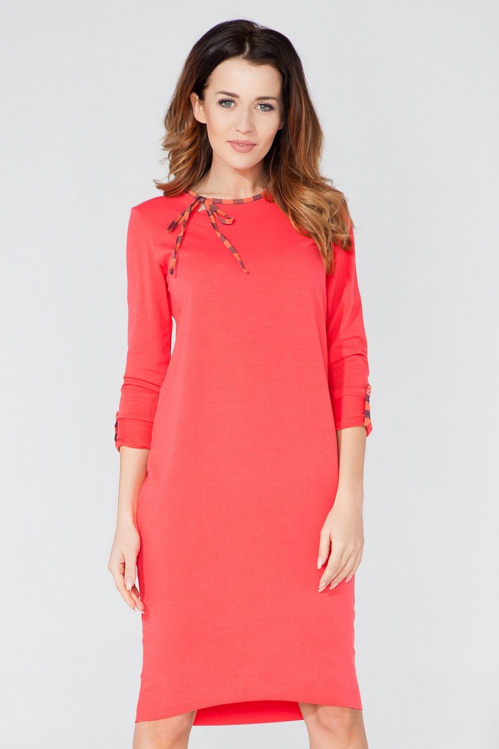 Luxurious Tuba Cut Knitted Sweatshirt Dress by Tessita with Ribbon Bow in elegant design for sizes S to XXXL