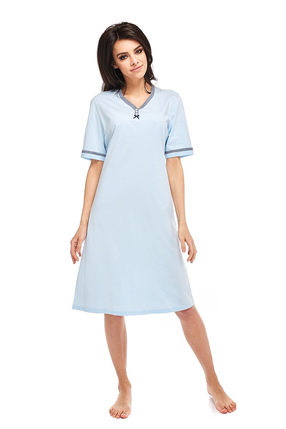 Luxurious Betina Elegant A-Line Nightshirt in soft blue cotton, featuring a delicate satin bow and decorative buttons, perfect for comfort and style.