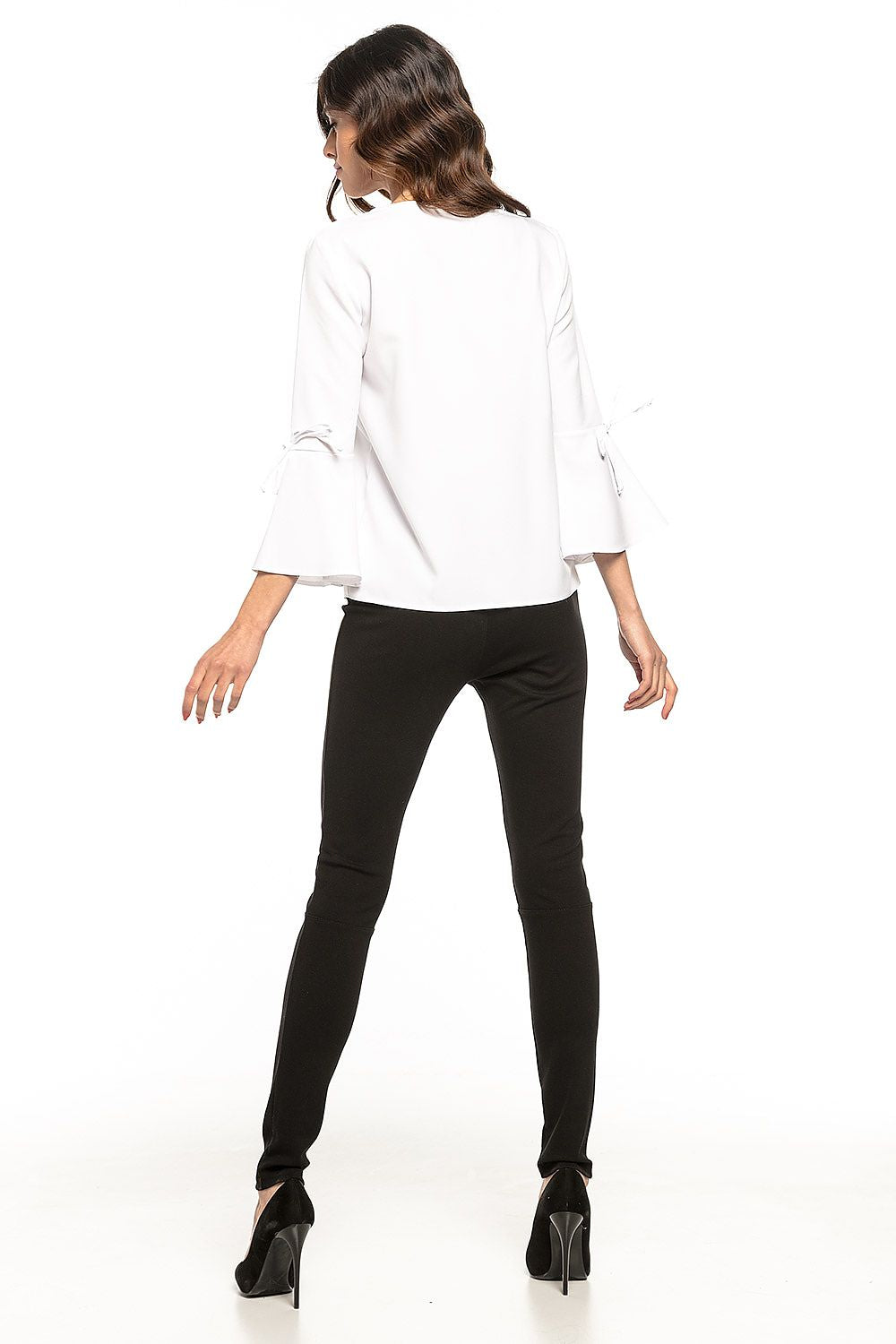 Elegant loose blouse with flirtatious frills and subtle V neckline by Tessita, ideal for a graceful, sophisticated look, crafted from 95% polyester and 5% spandex, perfect for diverse styling options.