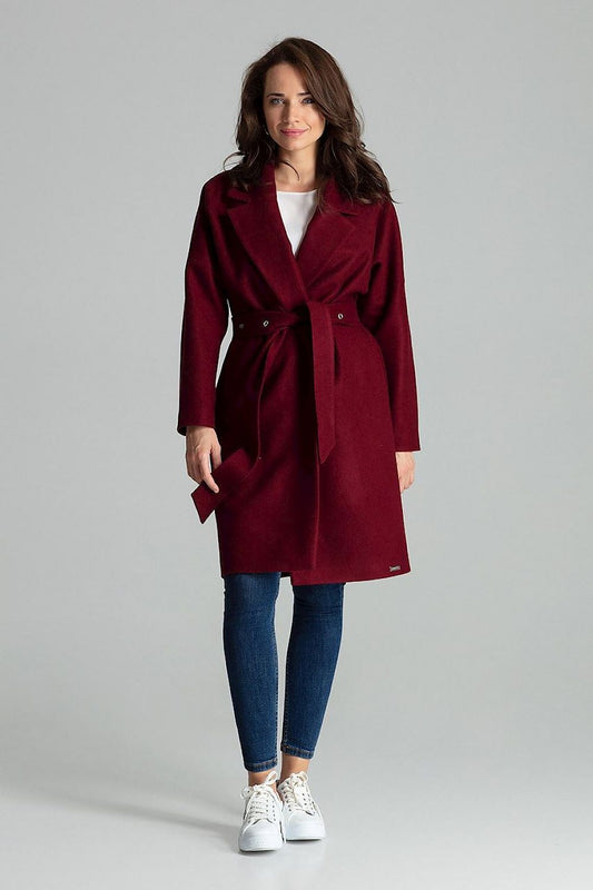 Lenitif Maroon Classic Coat With Wide Lapels And Belted Waist - Luxurious Polyester Blend, elegantly displayed on a model, highlighting the sophisticated design and rich maroon colour.
