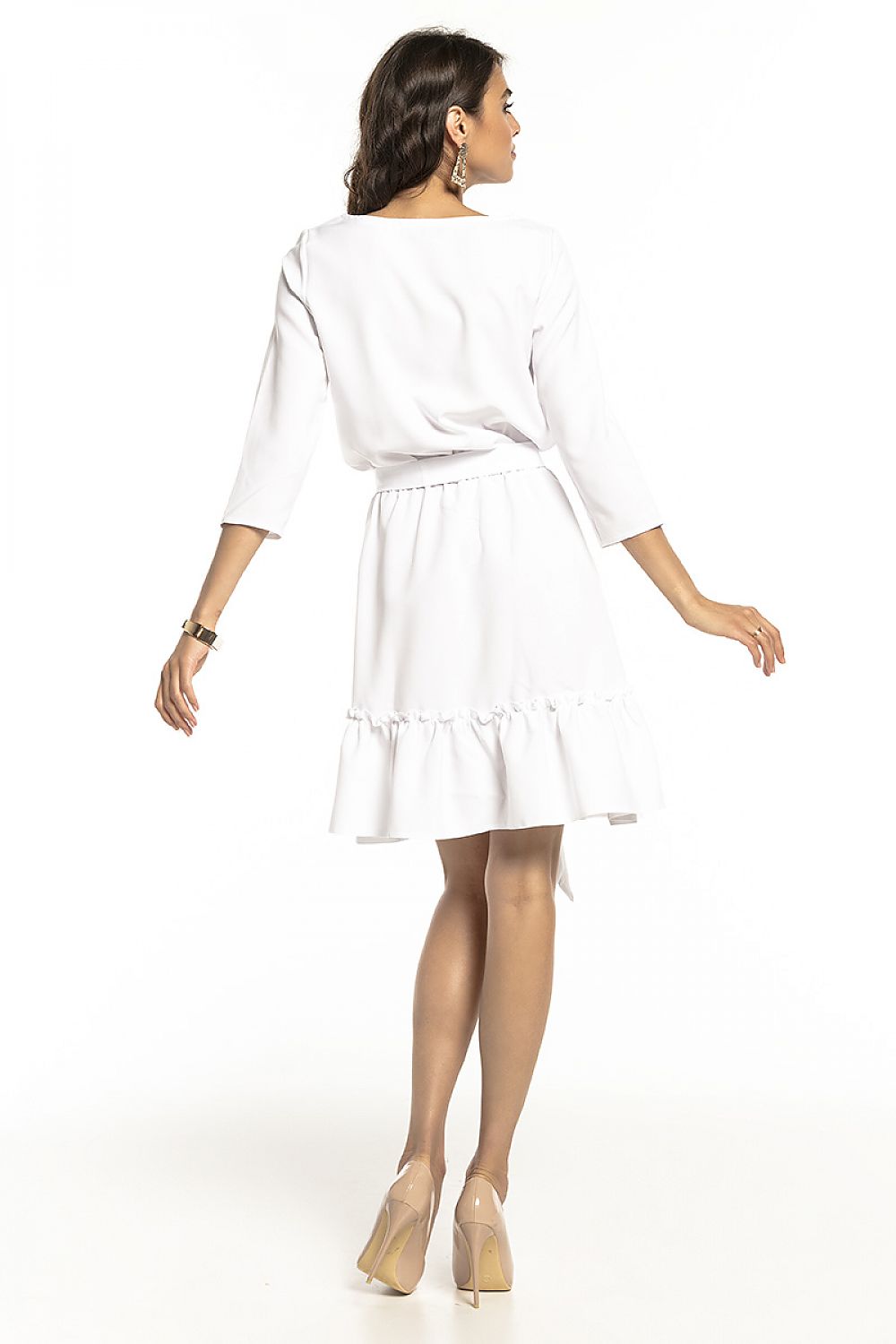 Back view of a refined white daydress with decorative frill and a stylish belt, showcasing luxury design from Tessita.
